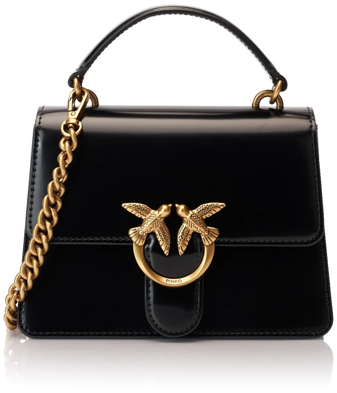 Pinko Love One Top Handle Mini Light Polished Brushed Leather, Women's Bag, Z99Q_Black-Antique Gold, Z99q_black-antique Gold, 25