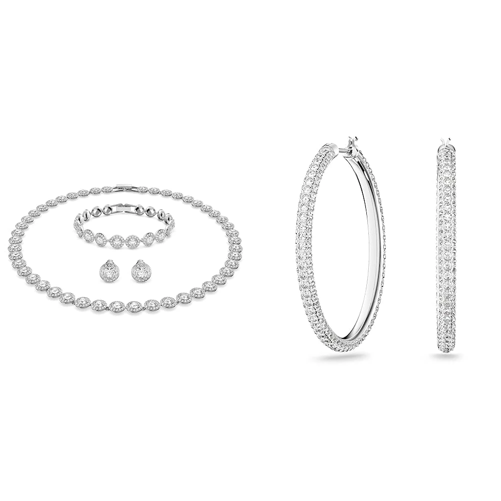 Swarovski Angelic set, Round cut, White, Rhodium plated & Stone hoop earrings, White, Rhodium plated