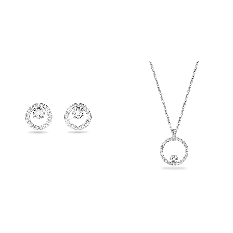 Swarovski Creativity Stud Earrings, Circle, White, Rhodium Plated & Creativity Pendant, Circle, White, Rhodium Plated