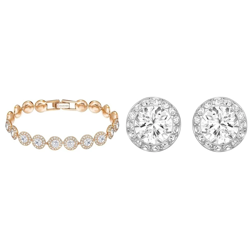 Swarovski Angelic bracelet, Round cut, White, Rose gold-tone plated & Angelic stud earrings, Round cut, White, Rhodium plated