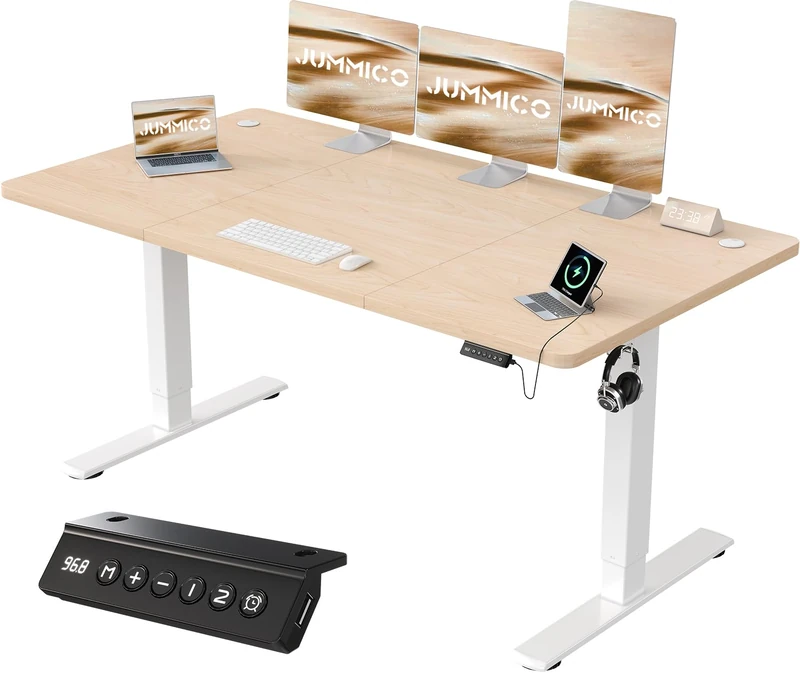 JUMMICO 160x70cm Electric Standing Desk with USB Charging Height Adjustable Desk with Sedentary Reminder Stand Up Desk with Splice Board for Home Office,Beige