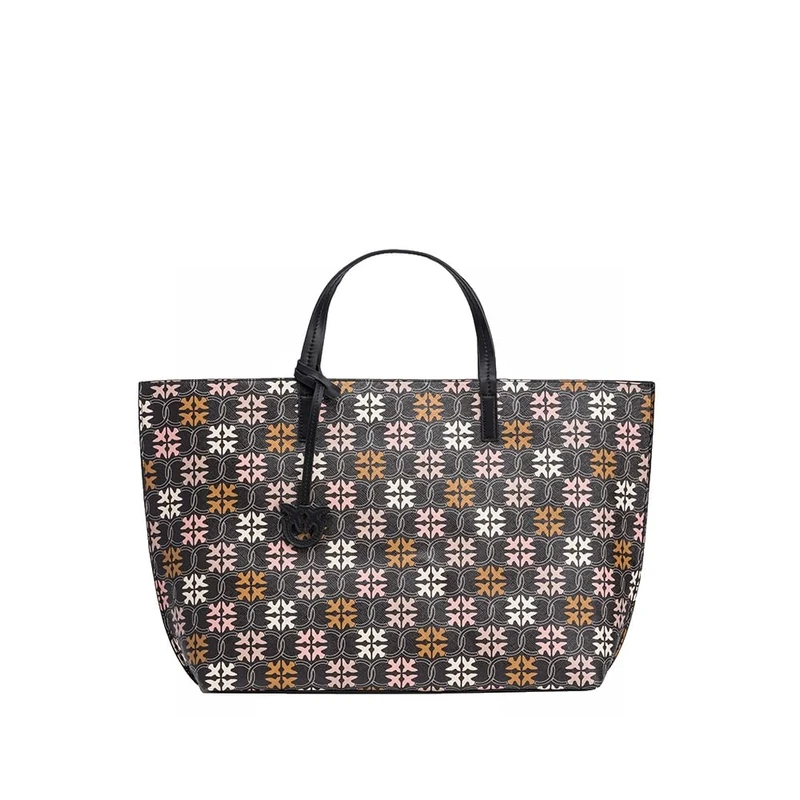 Pinko Women's Shopping Large Leather Print Logo Bag, Zm7q_Black/Brown/White. Antique Go, Zm7q_black/brown/white.antique go