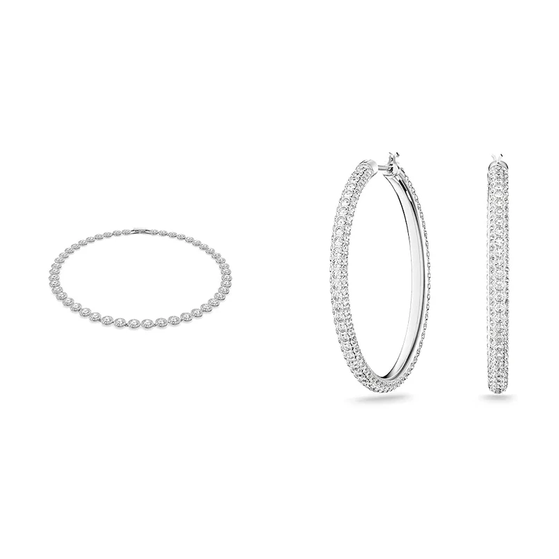 Swarovski Angelic necklace, Round cut, White, Rhodium plated & Stone hoop earrings, White, Rhodium plated