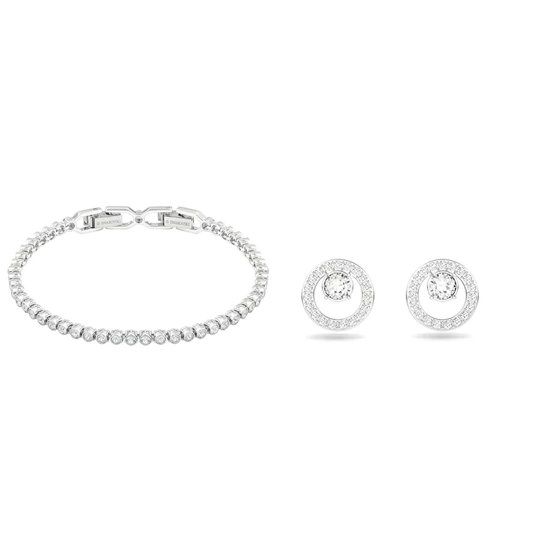 Swarovski Emily bracelet, Round cut, White, Rhodium plated & Creativity stud earrings, Circle, White, Rhodium plated