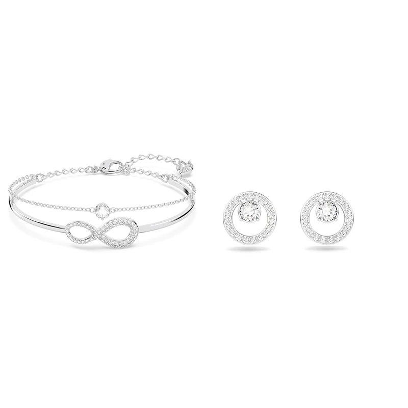 Swarovski Infinity bangle, Infinity, White, Rhodium plated & Creativity stud earrings, Circle, White, Rhodium plated