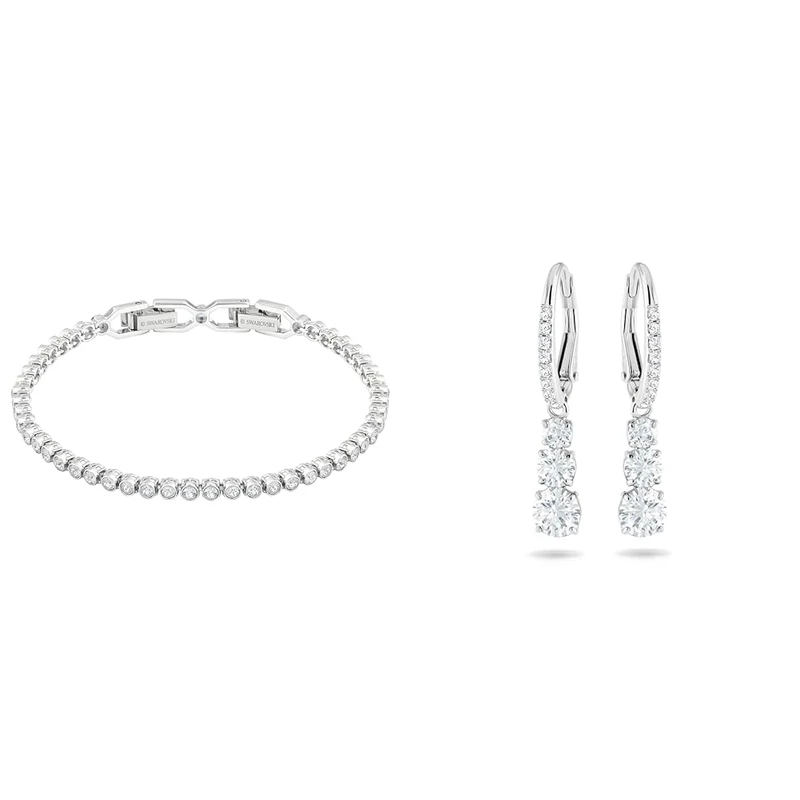 Swarovski Emily bracelet, Round cut, White, Rhodium plated & Attract Trilogy earrings, White, Rhodium plated