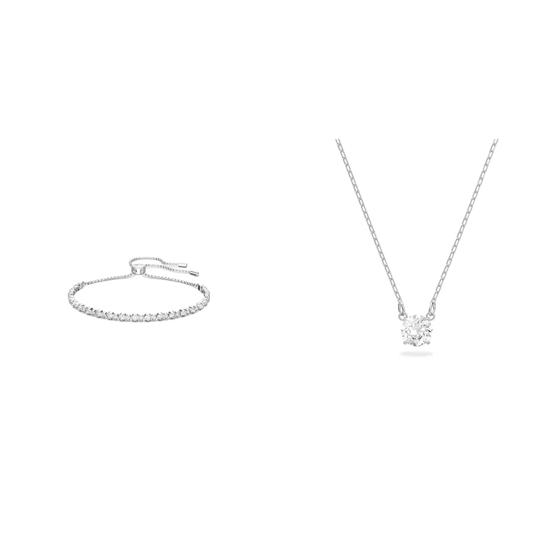 Swarovski Subtle Trilogy bracelet, White, Rhodium plated & Attract necklace, Round cut, White, Rhodium plated