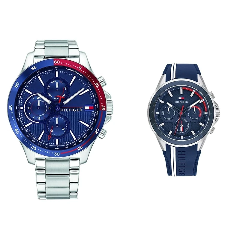 Tommy Hilfiger Analogue Multifunction Quartz Watch for Men with Silver Stainless Steel Bracelet - 1791718 & Analogue Multifunction Quartz Watch for Men with Blue Silicone Bracelet - 1791859