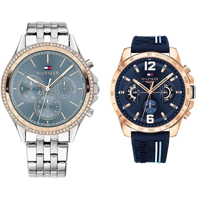 Tommy Hilfiger Analogue Multifunction Quartz Watch for Women with Silver Stainless Steel Bracelet - 1781976 & Analogue Multifunction Quartz Watch for Men with Navy Blue Silicone Bracelet - 1791474
