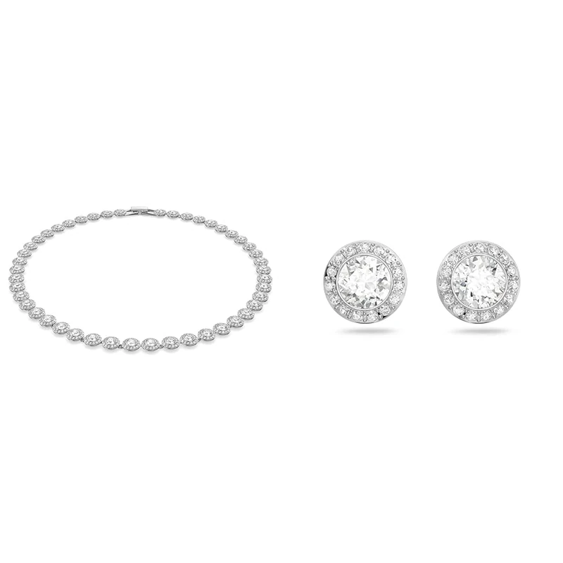 Swarovski Angelic necklace, Round cut, White, Rhodium plated & Angelic stud earrings, Round cut, White, Rhodium plated