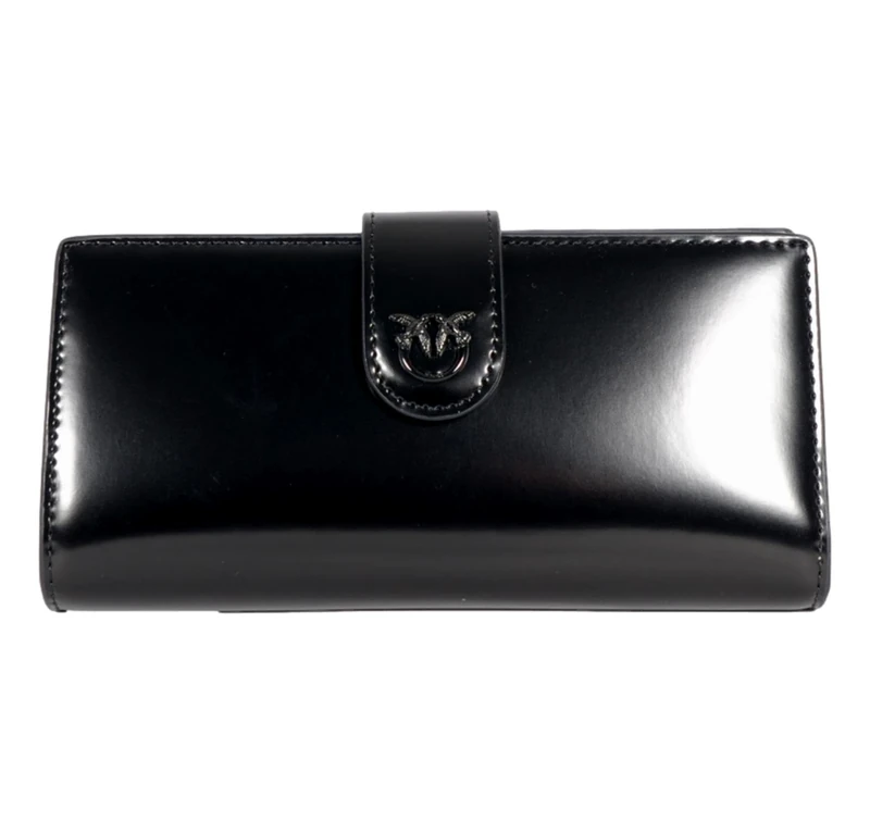 Pinko Women's Horizontal Wallet Glossy Brushed Leather Billfold, Z99b_Black Limousine Block Color, 28