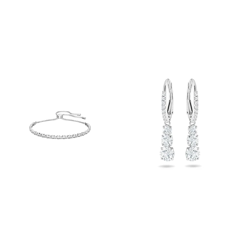 Swarovski Subtle Trilogy bracelet, White, Rhodium plated & Attract Trilogy earrings, White, Rhodium plated