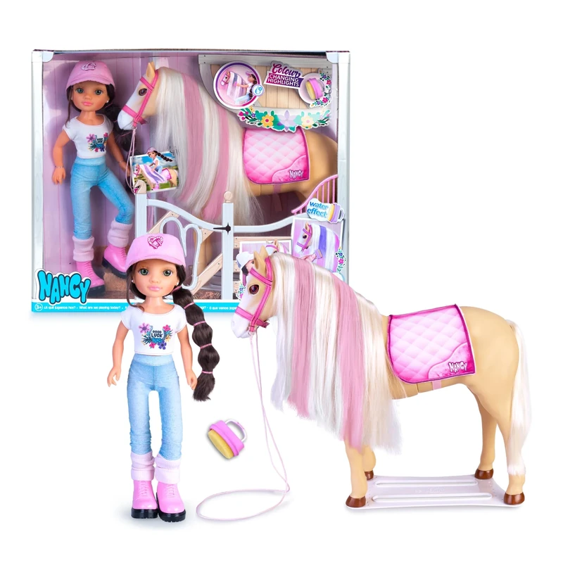 Nancy - A Day with her Horse, articulated Fashion doll and Horse, Care Accessories, Brush-Sponge that Changes the Color of the Mane Hair, boys and girls from 3 years old, Famosa (NAC49000)