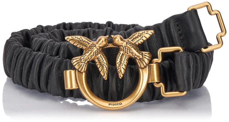 Pinko Women's Ondina Ruffle H2 Pelle Vitello Nappato Belt, Z99q_Black-Antique Gold, XS
