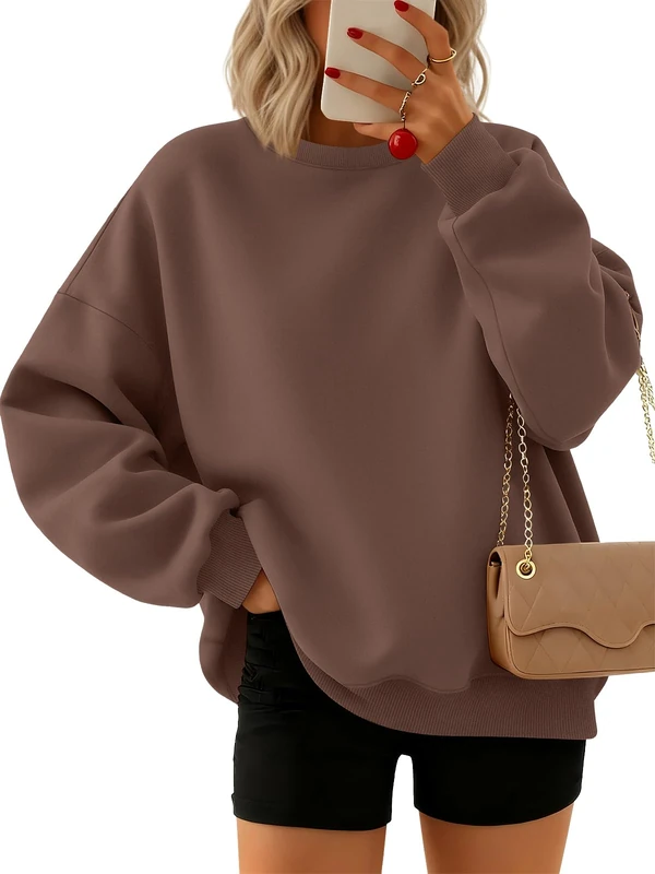 Trendy Queen Oversized Sweatshirts for Women Fleece Hoodies Crewneck Pullover Comfy Sweaters Clothes Fall Winter Fashion 2023, Brown, M