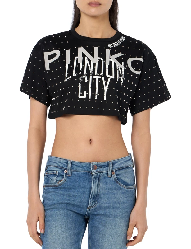Pinko Bomba T-Shirt Jersey Mercerized Logo and Cities, Z99_Black Limousine, XS - Image 1