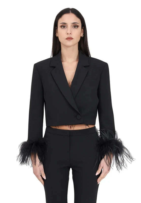 Pinko Women's Zagarese Spencer Crepe Technical Stretch + Feathers Blazer, Z99_Black Limousine, 14