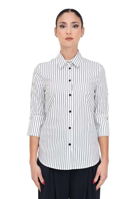 Pinko Women's Cecrope Stretch Stick Poplin Shirt with Metal Buttons, Zz1_White/Black, 8