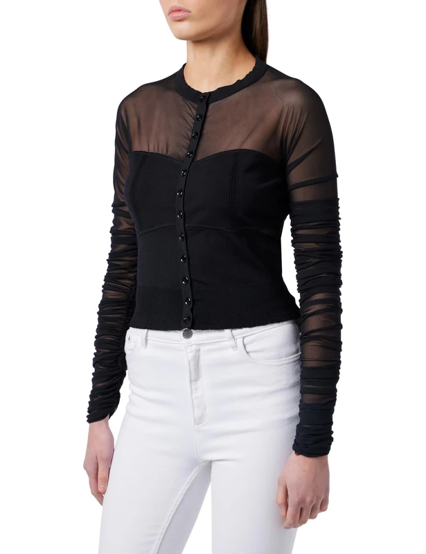 Pinko Women's Mulberry Viscose Cardigan Transparent Tulle Sweater, Z99_Black Limousine, XS