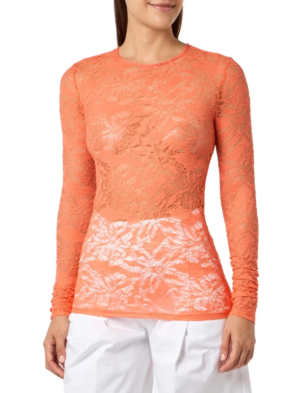 Pinko Women's Nereo Knitted Lace Stretch Floral Henley Shirt, P77_Salmon Fresh, S