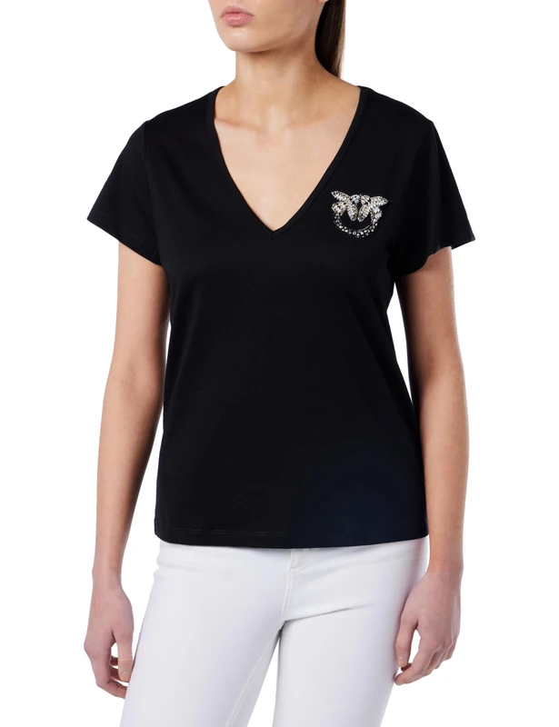 Pinko TURBATO T-Shirt V Neck Jersey Logo Birds Embroidery + Studs, Z99_Black Limousine, XL