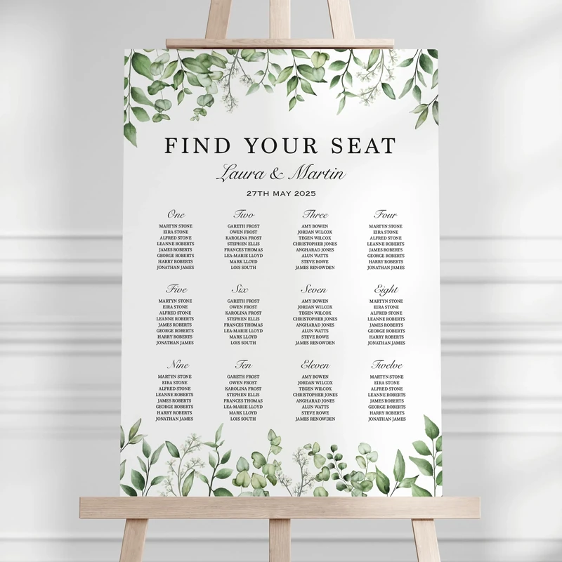 Personalised Wedding Seating Plan Eucalyptus - Canvas Or Gloss Photo Paper. Green Floral Wedding Sign Poster Seating Chart Green (A2 Canvas) - Image 1