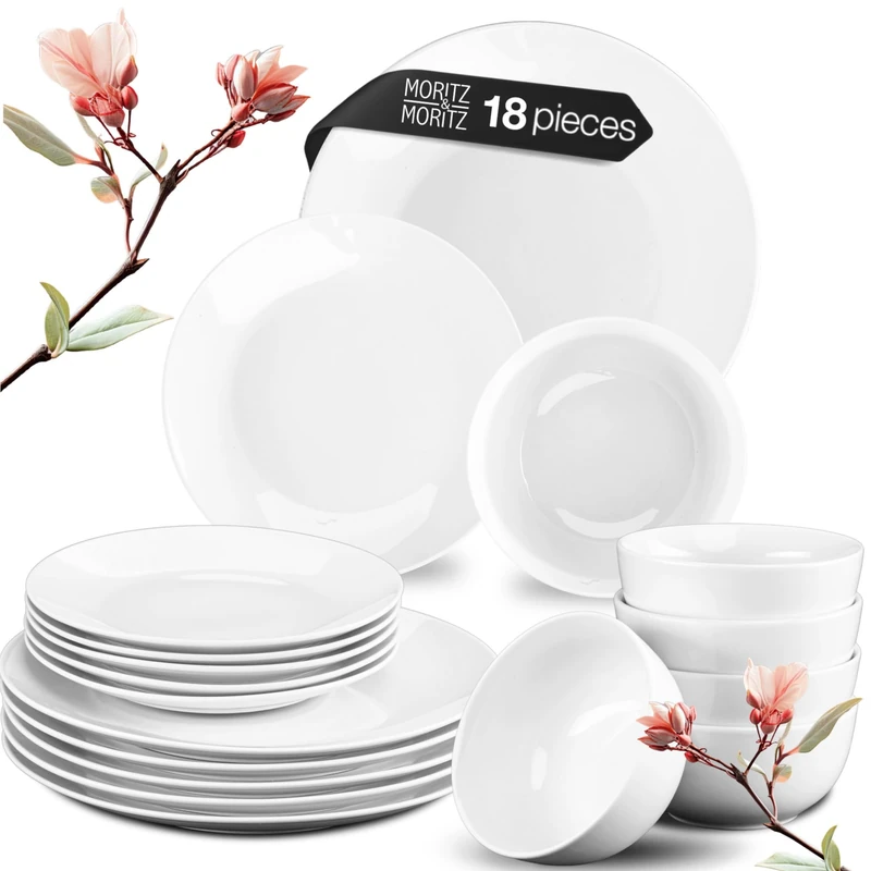 Moritz & Moritz Basic 18-Piece White Dinner Set for 6 People – Modern Porcelain Tableware for 6 – Elegant Crockery Set with Plates & Bowls – Classic Minimalist Dish Set – Microwave & Dishwasher Safe