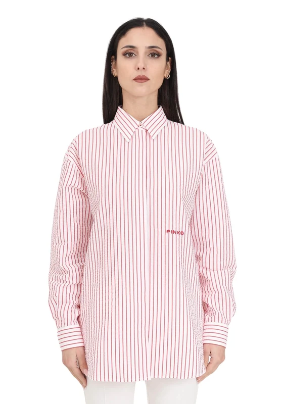 Pinko Women's Bridport 1 Striped Seersucker Shirt Blouse, Zr2_White/Red, 14 (L)