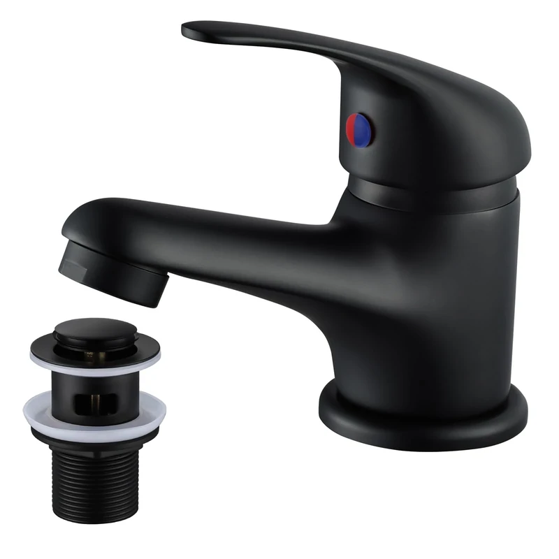 WasserRhythm Black Basin Mixer Tap with Pop Up Waste Bathroom Tap Mixers Monobloc Bathroom Sink Taps Single Handle Basin Taps Faucet with Universal Hoses