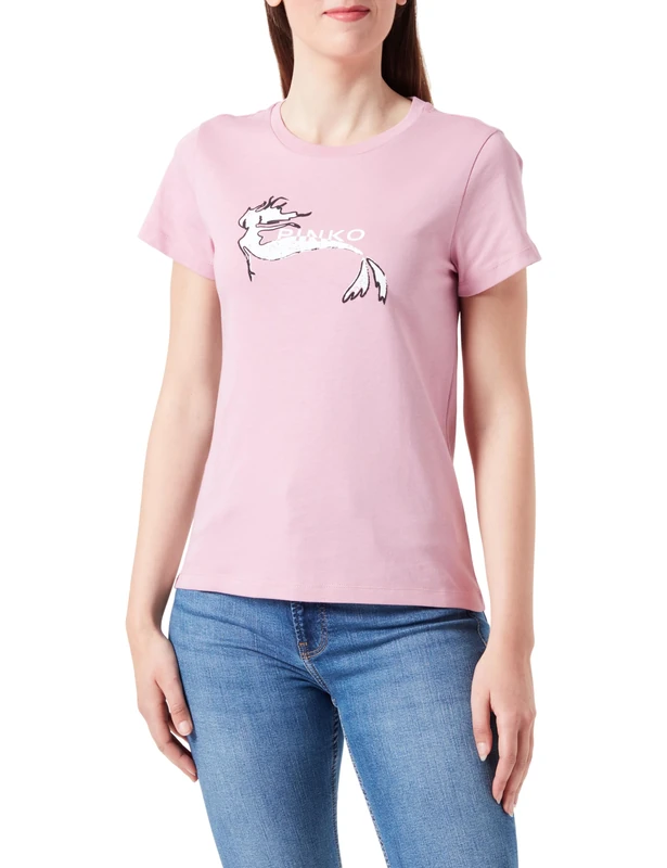 Pinko Women's Compass T-Shirt Jersey Mermaid Print, N98_Smoke Orchid, XS