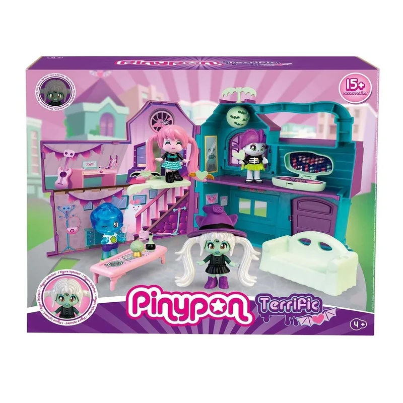 Pinypon - Terrific Mansion, Briefcase, Playset with Surprises and Glow in the Dark Accessories, Includes a Witch Figure, for Boys and Girls Ages 4, Famous (PNY48000)