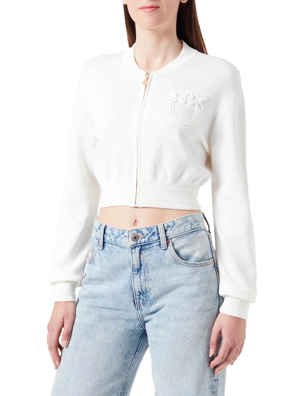 Pinko Women's Bambusa Shaved Bomber Jacket Technical Sweatshirt Effect Henley Shirt, Z04_White Brill, XS