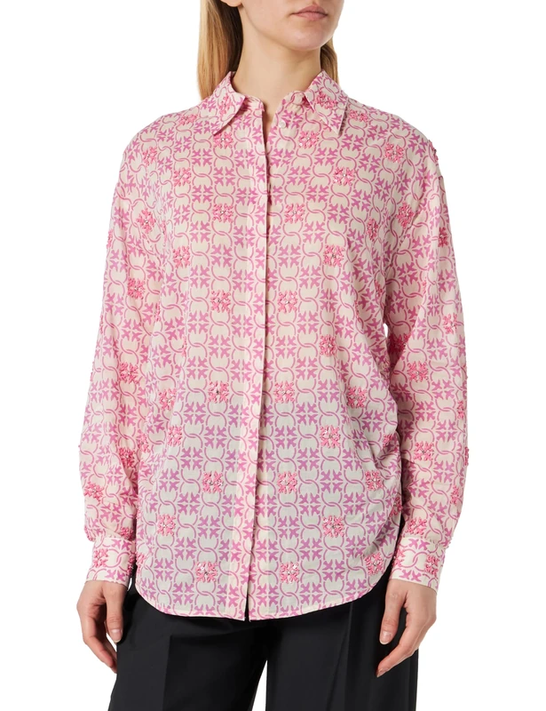 Pinko Women's Cureti Embroidered Monogram Print Muslin Shirt Blouse, Dn3_Butter/Pink, UK XL