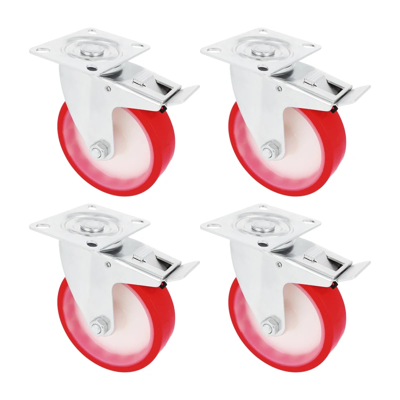Amig - Set of 4 Wheels with Brakes | Diameter 100 mm | Swivel Wheels with Metal Plate | Maximum Weight 120 kg | for Moving Heavy Furniture | Roller Bearings | White Nylon Core | Red Polyurethane