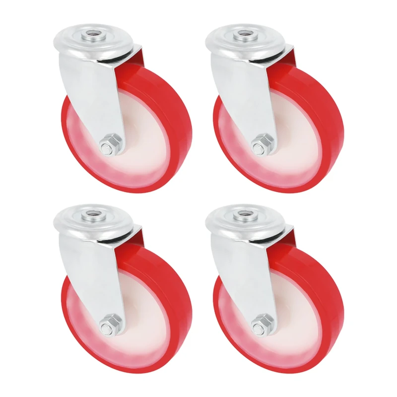 Amig - Pack of 4 Swivel Wheels with Hole - Ø 125 mm - Maximum Weight 170 kg - For Moving Heavy Furniture - Roller Bearings - White Nylon Core - Red Polyurethane