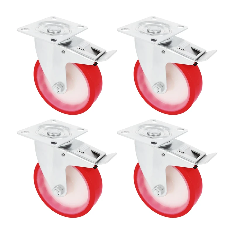 Amig - Set of 4 Wheels with Brake | Diameter 125 mm | Swivel Wheels with Metal Plate | Maximum Weight 170 kg | for Moving Heavy Furniture | Roller Bearings | White Nylon Core | Red Polyurethane