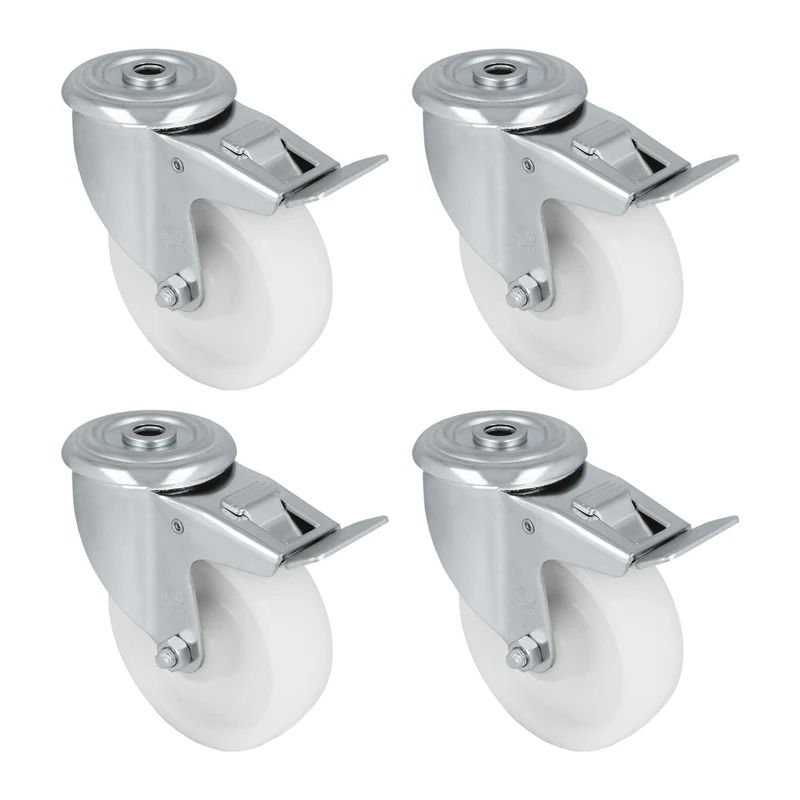 Amig - Set of 4 Brake Castors | Diameter 100 x 32 mm | Rotating Wheels with Hole | Maximum Load 200 kg | for Moving Heavy Furniture | Roller Bearings | Nylon Core | White