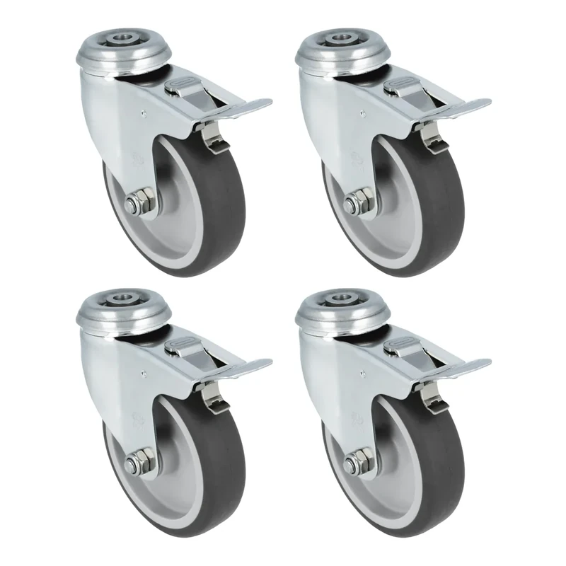 Amig - Set of 4 Wheels with Brake | Diameter 100 x 27 mm | Rotating Wheels with Stainless Steel Plate and Hole | Maximum Load 90 kg | for Moving Heavy Furniture | Polypropylene Core | Black Rubber