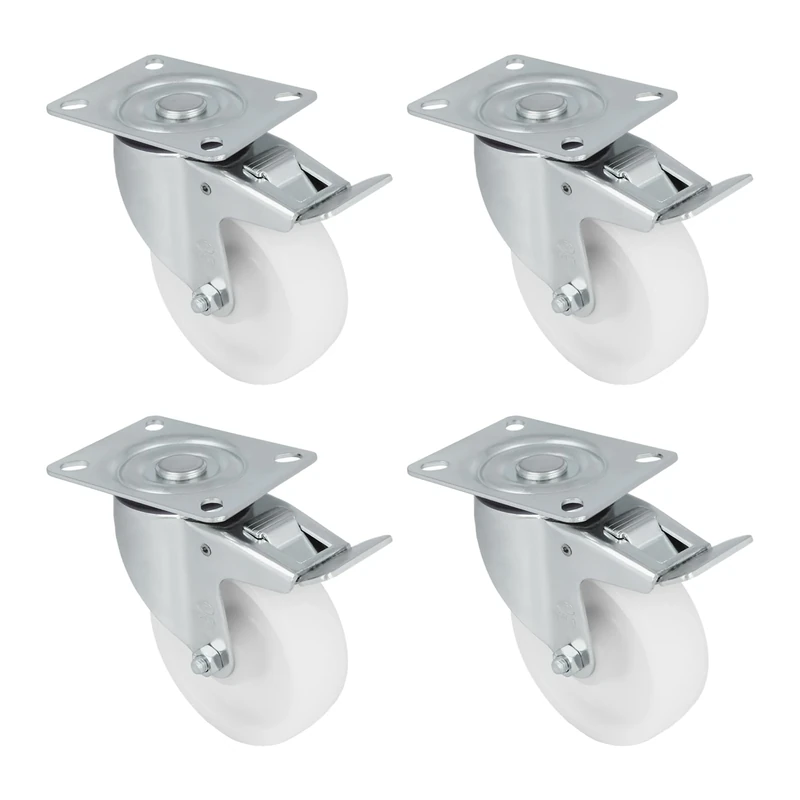 Amig - Set of 4 Brake Castors | Diameter 100 x 32 mm | Rotating Castors with Metal Bracket | Maximum Load 200 kg | for Moving Heavy Furniture | Roller Bearings | Nylon Core | White