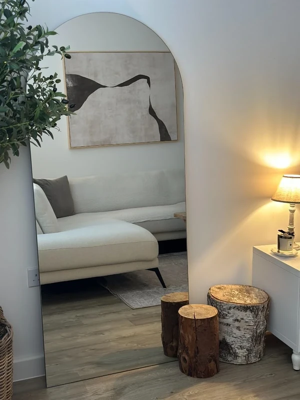 MirrorOutlet The Arcus - Frameless Modern Full Length Arched Leaner/Wall Mirror 63" X 27" (160CM X 70CM) Silver Mirror Glass with Black wooden Backing - Polished Edging