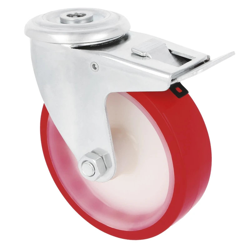 Amig - Set of 4 Castors with Brakes | Diameter 100 mm | Swivel Wheels with Hole | Maximum Weight 120 kg | for Moving Heavy Furniture | Roller Bearings | White Nylon Core | Red Polyurethane