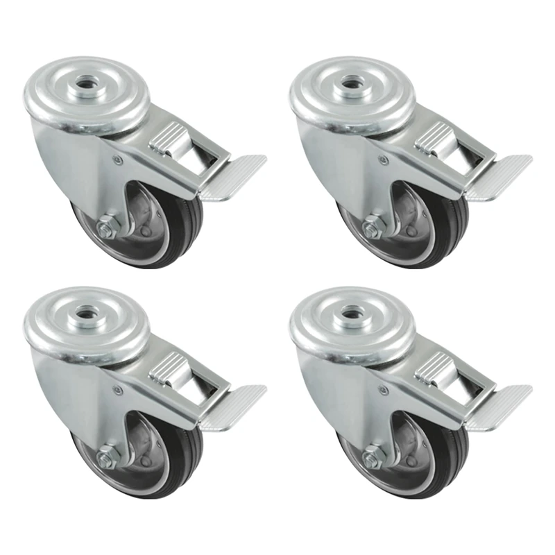 Amig - Set of 4 Furniture Brake Castors | Diameter 100 mm | Rotating Castors without Mounting Plate | Maximum Load 90 kg | For Moving Heavy Furniture | Roller Bearings | Metal Core | Black Rubber