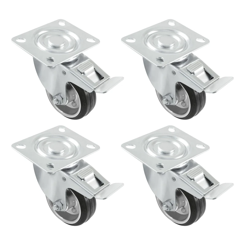 Amig - Pack of 4 Casters With Brake For Furniture - Ø 100 mm - Swivel Casters With Mounting Plate - Maximum Weight 100 kg - For Moving Heavy Furniture - Roller Bearings - Metal Core - Black Rubber - Image 1