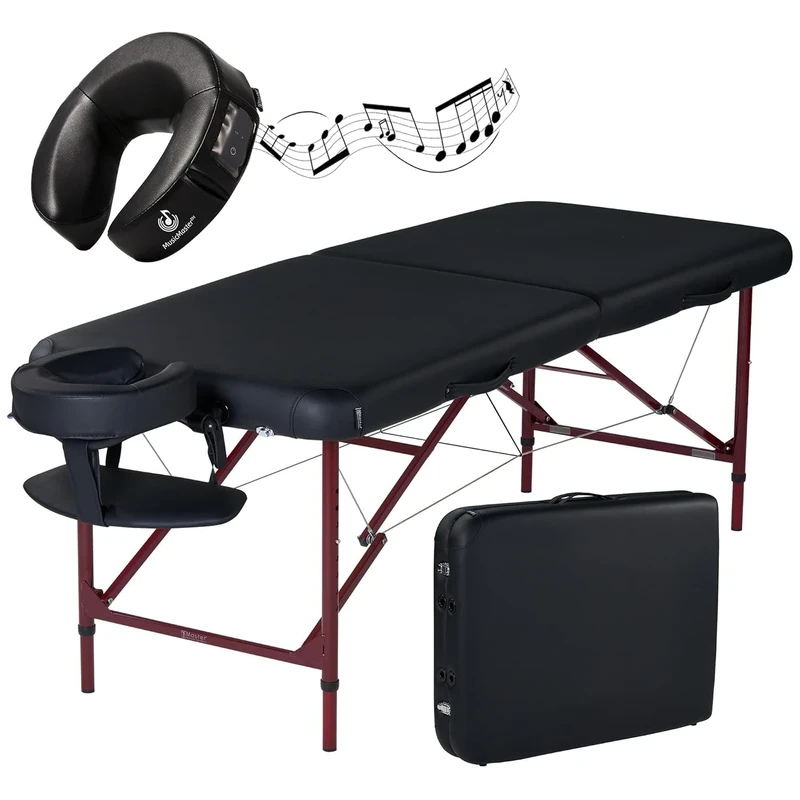 Master Massage 71cm Zephyr Bluetooth Music Durable Aluminum Portable Massage Table Therapy Couch Foldable Massage Bed Spa Beauty Couch Physiotherapy Bed, Black