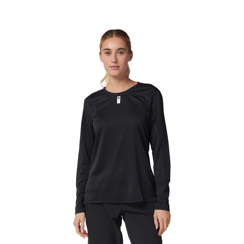Fox Racing W Defend LS Jersey - Women's Long Sleeve MTB Jersey, TruDri Fabric, Recycled Materials, Relaxed Fit for Elbow Guards, Podium-Proven Race Performance, Color: Black, Size: L