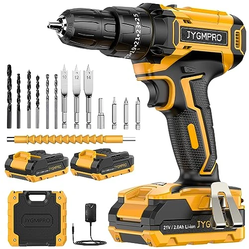 JYGMPRO Cordless Drill Driver 21V, 2 Batteries 2000mAh, 25+3 Torque, 42N.m Max, 14PCS Drill Bits, 2 Speed, LED Light for Home and Garden DIY Projects