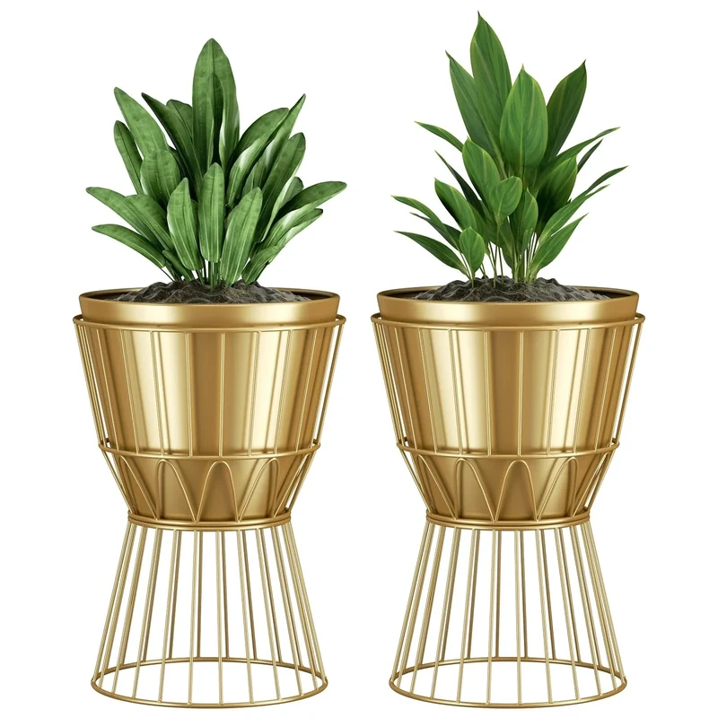 Ecomosita Planter with Stand Gold Metal Plant Pot with Stand - 12 Inch Unique Modern Flower Pots Indoor with Gold Plant Stand with Drainage, 2 Pack
