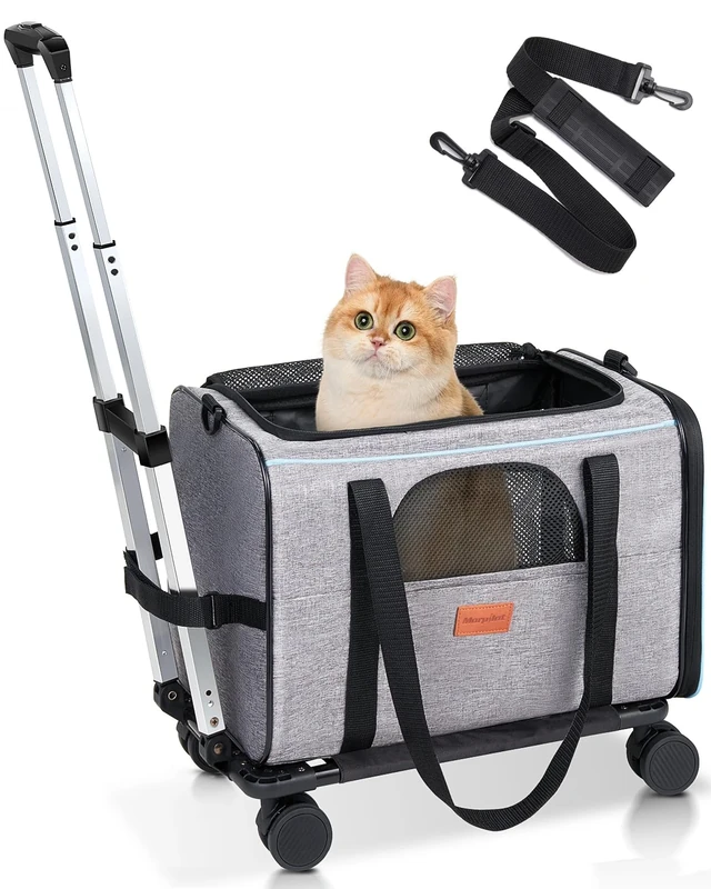 Morpilot Cat Carrier with Wheels Airline Approved Pet Carrier for Small Dogs Large Cats Puppy Stroller Detachable and Foldable Pet Travel Bag Light Gray