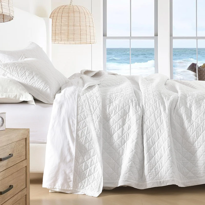 SahSahCasa Quilt Set Queen Size, 100% Cotton Quilt Bedding Set Bedspread, Diamond Pattern Stitching Solid Color Chic Lightweight Quilted Comforter for Queen Bed, White, All Season, 3 Pieces