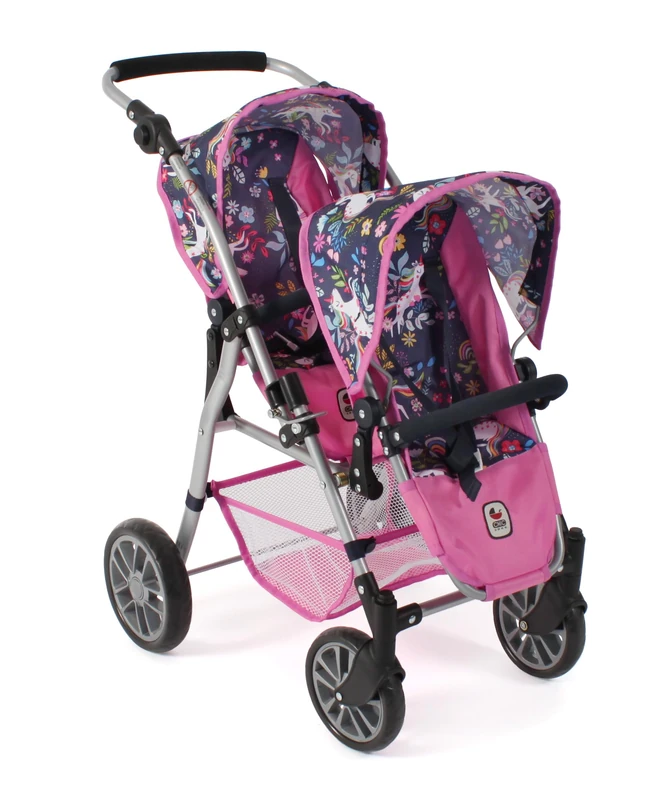 Bayer Chic 2000 - Twinny Doll's Pram, Twin Doll's Pram for Two Dolls, Twin Buggy for Children from 4 to 8 Years, Unicorn, Navy Pink, 691-43